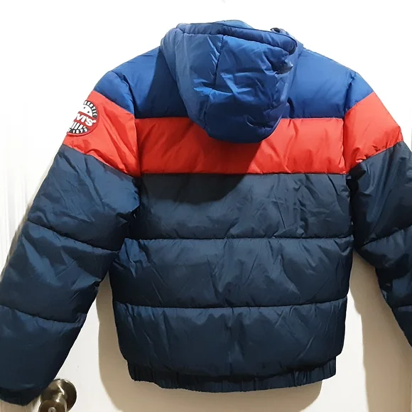 Levi's Big Boy Puffer Jacket With Hood LOGO In Front L 12-13 Years Navy Red New.